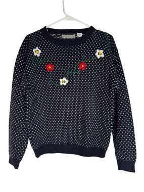 Bramble Lane Vintage Navy Floral Embroidered Crewneck Small Sweater